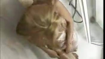A babe tied up with tape and defecating in the bathroom