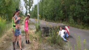 Ladies urinate and defecate on the guy outside